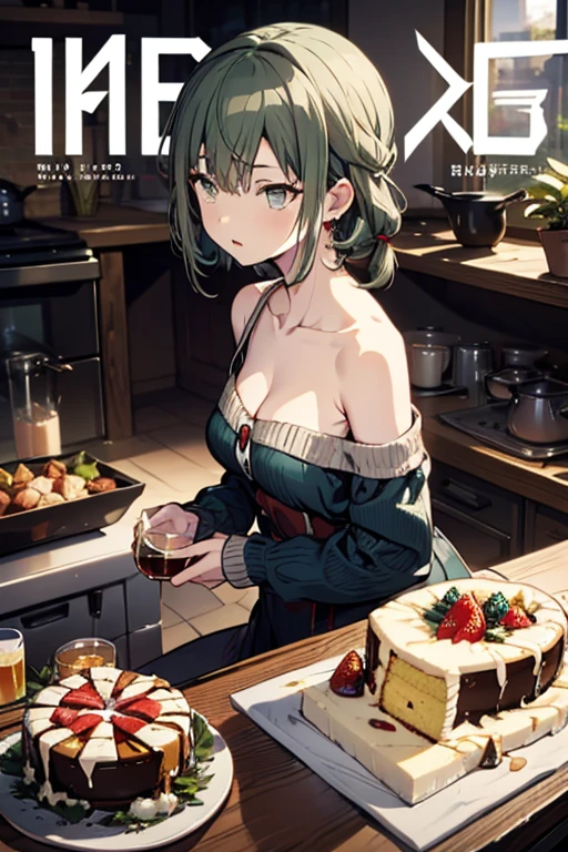 (Small breastss:1.3), (Firm breasts:1.1), (Pointed Chest:1.0), (Pudding cake magazine cover:1.3),(From above:1.0),(From the side:0.9),masterpiece, One girl, Great cleavage:1.1, Narrow waist, BIG ASS, Raised to be sexy, Small breasts: 1.3, Posing and showing off cleavage:1.2、alone, Open your mouth, cute beer glass cute grass,Black Hair, Dark green eyes, dress, Exposing shoulders, jewelry, clavicle, Side Lock, hair band, Earrings, indoor, Off the shoulder, sweater, Put your arms behind your back, plant, short hair and long locks, gild hair band, sweater dress:1.2, off-shoulder sweater, red sweater, Dark Gorgeous Hair, Big side hair, Very long side hair,Rendered (masterpiece: 1.2, highest quality), and (Ultra-high resolution) And exquisite (Depth of written boundary). This masterpiece is not only visually stunning but also tells,Cooking in the classroom kitchen ,View Viewer,