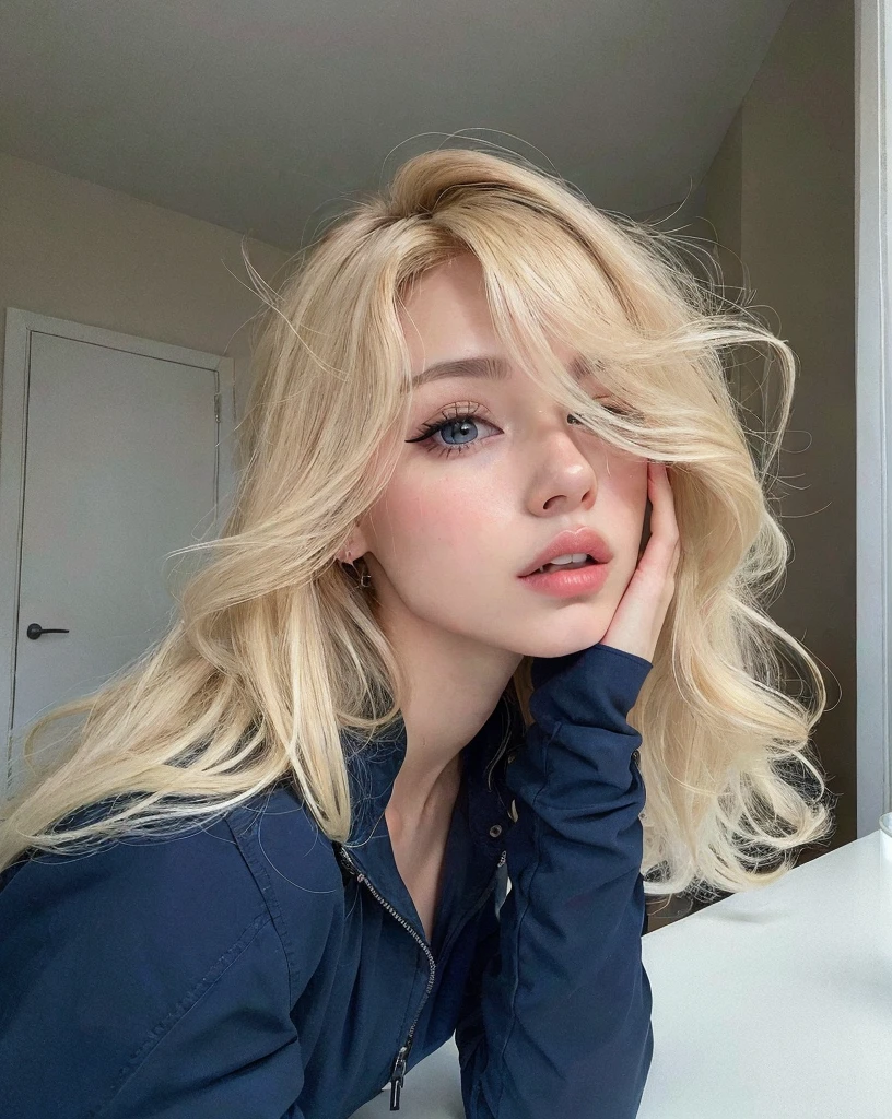 Blonde woman with long hair sitting at a table with her hand on her chin, Retrato de Kim Petras, uma com cabelo loiro, Sidnei Sweeney, pale skin curly blond hair, julia sarda, ava max, Irina Nordsol Kuzmina, franja de cortina, cabelos loiros e olhos grandes, Taran Dasha, julia gorokhova, com longos cabelos loiros