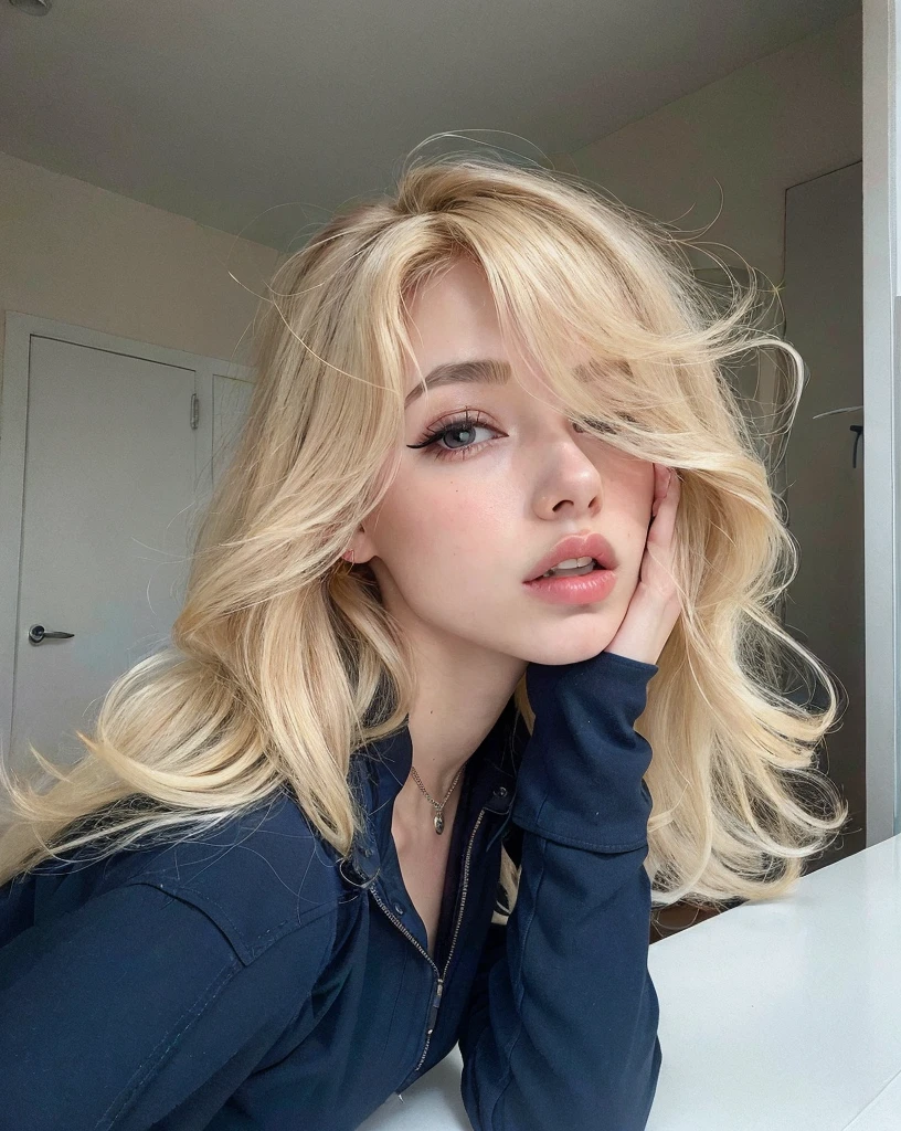 Blonde woman with long hair sitting at a table with her hand on her chin, Retrato de Kim Petras, uma  com cabelo loiro, Sidnei Sweeney, pale skin curly blond hair, julia sarda, ava max, Irina Nordsol Kuzmina, franja de cortina, cabelos loiros e olhos grandes, Taran Dasha, julia gorokhova, com longos cabelos loiros