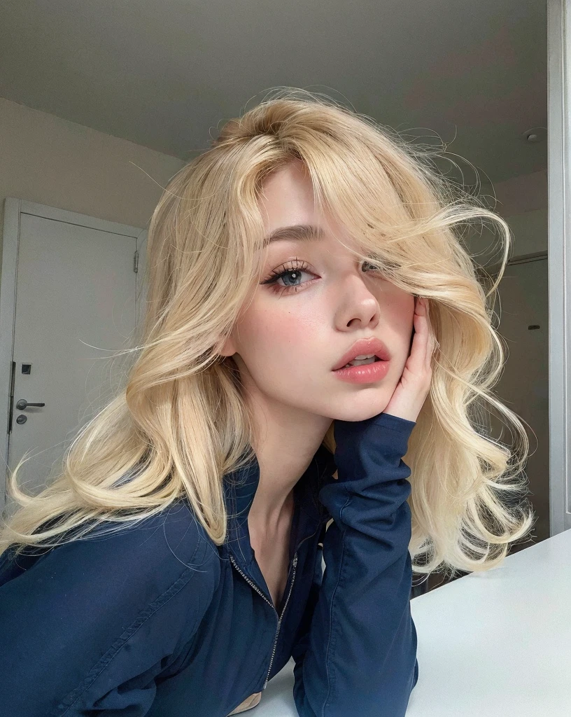 Blonde woman with long hair sitting at a table with her hand on her chin, Retrato de Kim Petras, uma  com cabelo loiro, Sidnei Sweeney, pale skin curly blond hair, julia sarda, ava max, Irina Nordsol Kuzmina, franja de cortina, cabelos loiros e olhos grandes, Taran Dasha, julia gorokhova, com longos cabelos loiros