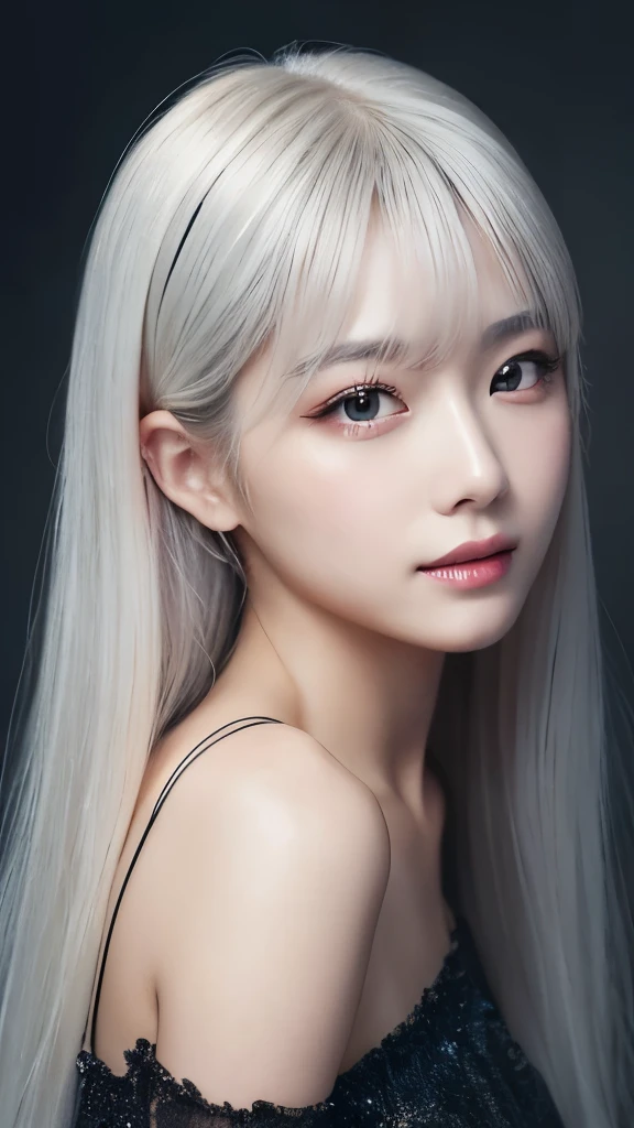 masterpiece, Best image quality, high quality, Beautiful woman, Japanese, Popular Korean makeup, Detailed, Swollen eyes, Fine grain, Detailedスキン, Beautiful skins, 超High resolution, (Realistic: 1.4), so beautiful, A little younger face, Beautiful skins, slim, (Ultra-photorealism), (Awareness-raising), (High resolution), (8K), (Very detailed) (Best Illustration), (Beautiful attention to detail), (超Detailed), (wallpaper), (Detailed的脸), View your viewers, Finely delineated, Detailed的脸,Pure Erotic Face Ace_v1,smile,Staring straight ahead,Staring straight ahead,From an angle above the waist,Photo - Real,Bright light,Professional Lighting,Silver Hair,Long white hair,Dark Ruins,Shift dress,Mature Woman,length, Stylish bangs,