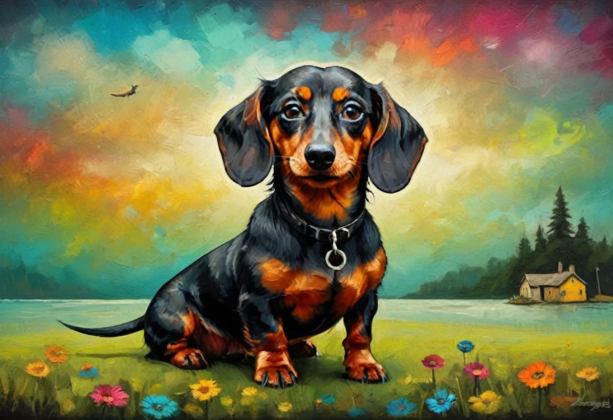 [front view] funny flyer Dachshund  stimpunk ( stile by Andy-Kehoe), very colorful, ((oil painting palette knife)), ((masterpiece)), extreme detail, perspective, 8k