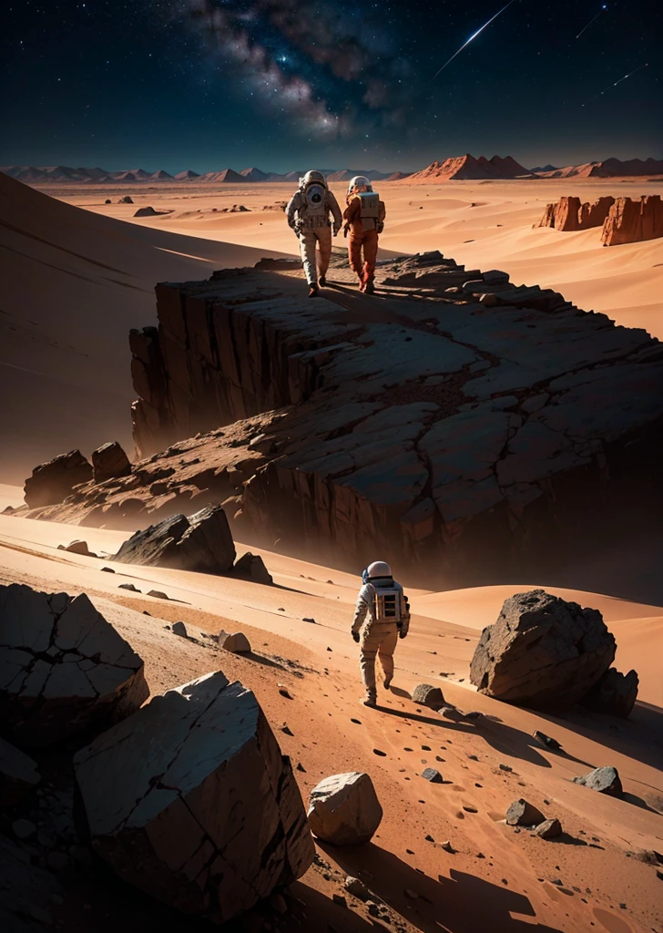 Create a painting depicting three astronauts walking at night on Mars. The scene should have a rocky terrain, featuring various rocks, stones, and some mountains in the background. The Martian landscape is illuminated by the dim light of distant stars and the astronauts' headlamps. The sky is dark and filled with stars, with a reddish hue of Mars' surface contrasting against the cold, dark night. The astronauts' suits should have reflective details that catch the light, adding a sense of realism and depth to the scene. Make sure to include an array of rocks, stones, and mountainous features to emphasize the rugged and barren environment.