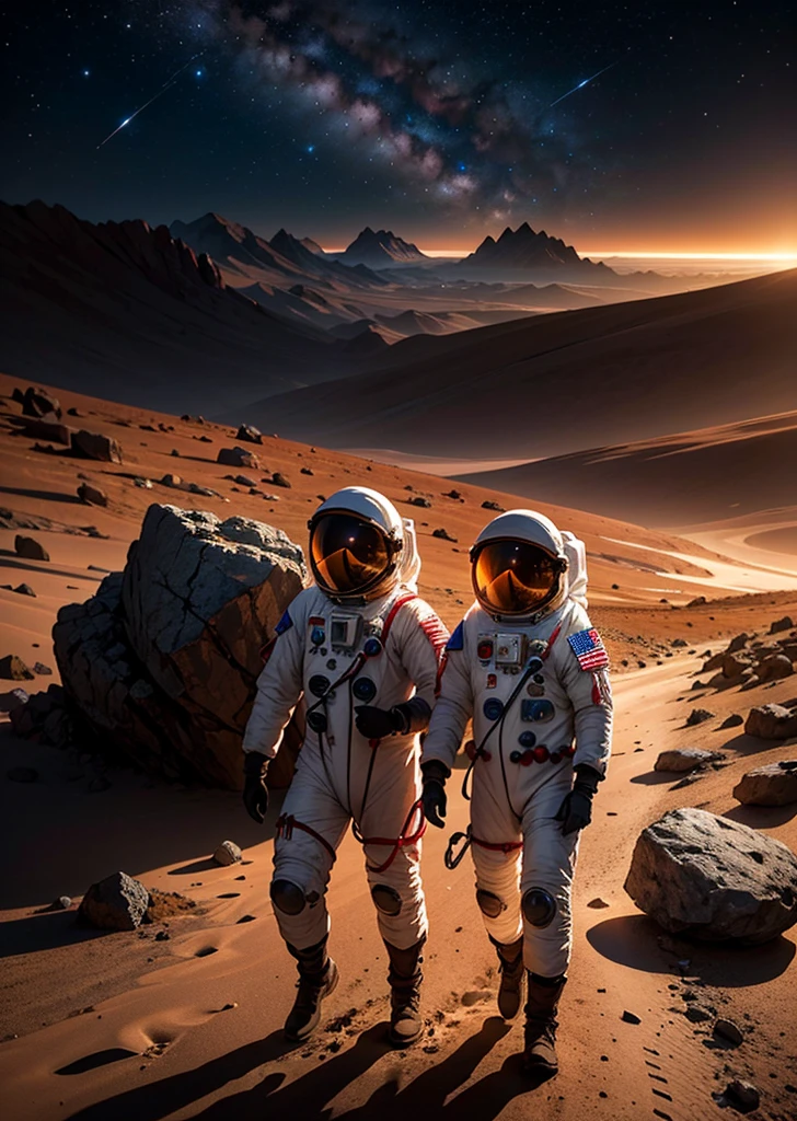 Create a painting depicting three astronauts walking at night on Mars. The scene should have a rocky terrain, featuring various rocks, stones, and some mountains in the background. The Martian landscape is illuminated by the dim light of distant stars and the astronauts' headlamps. The sky is dark and filled with stars, with a reddish hue of Mars' surface contrasting against the cold, dark night. The astronauts' suits should have reflective details that catch the light, adding a sense of realism and depth to the scene. Make sure to include an array of rocks, stones, and mountainous features to emphasize the rugged and barren environment.