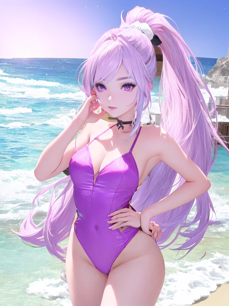 Sexy Rabbit Girl With Pink Ears Purple eyes Wearing a swimsuit with the body of a final fantasy 14 character, beautiful and sexy on a paradisic beach with a little ponytail and a strand of hair in her hair and white highlights, smaller eyes and also with black eye makeup that makes her look very beautiful su pelo es casi corto y tiene rayitos blancos esparcidos que se vea igualita a la imagen bien definida que tenga el mismo pelo de la imagen y un lunar en la cara pequeño como el de la imagen ponle mas detalles impresionantes a la playa.