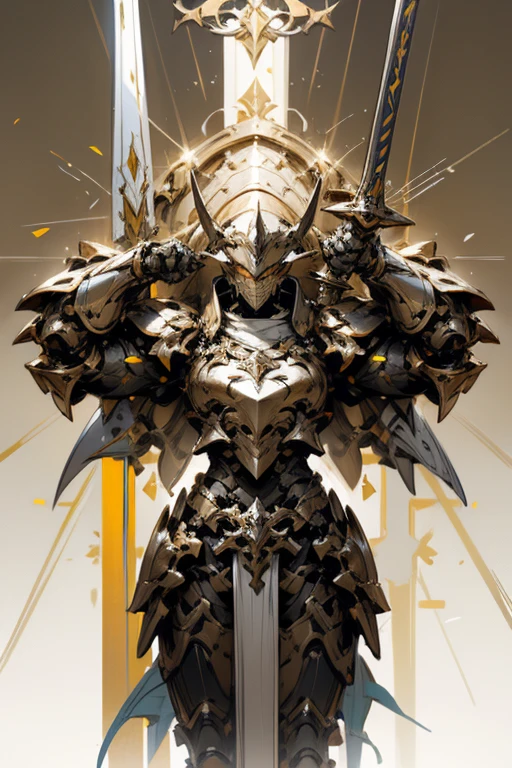 dynamic attack position abstract portrait of a intricate glorious holy mechanical warforged character in yellow armor holding a paladin engraved great longsword drawn and carrying a big paladin shield, scoop lightforged,concept art,artstation,digital painting,high quality,cinematic,attractive