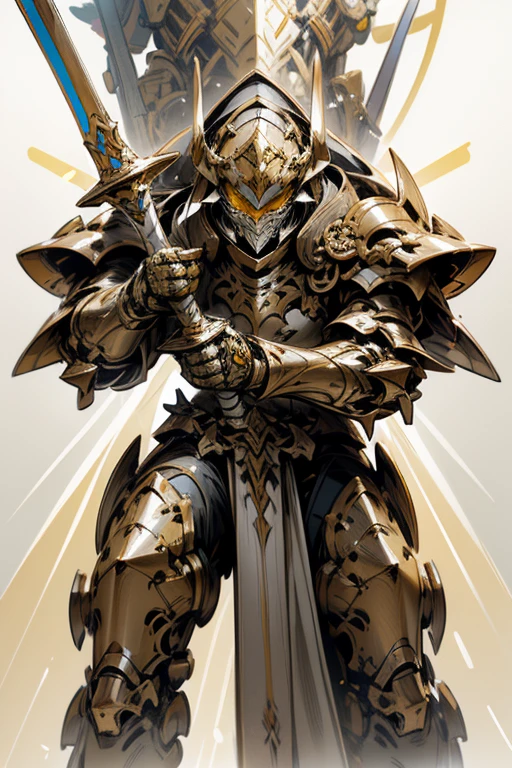 dynamic attack position abstract portrait of a intricate glorious holy mechanical warforged character in yellow armor holding a paladin engraved great longsword drawn and carrying a big paladin shield, scoop lightforged,concept art,artstation,digital painting,high quality,cinematic,attractive