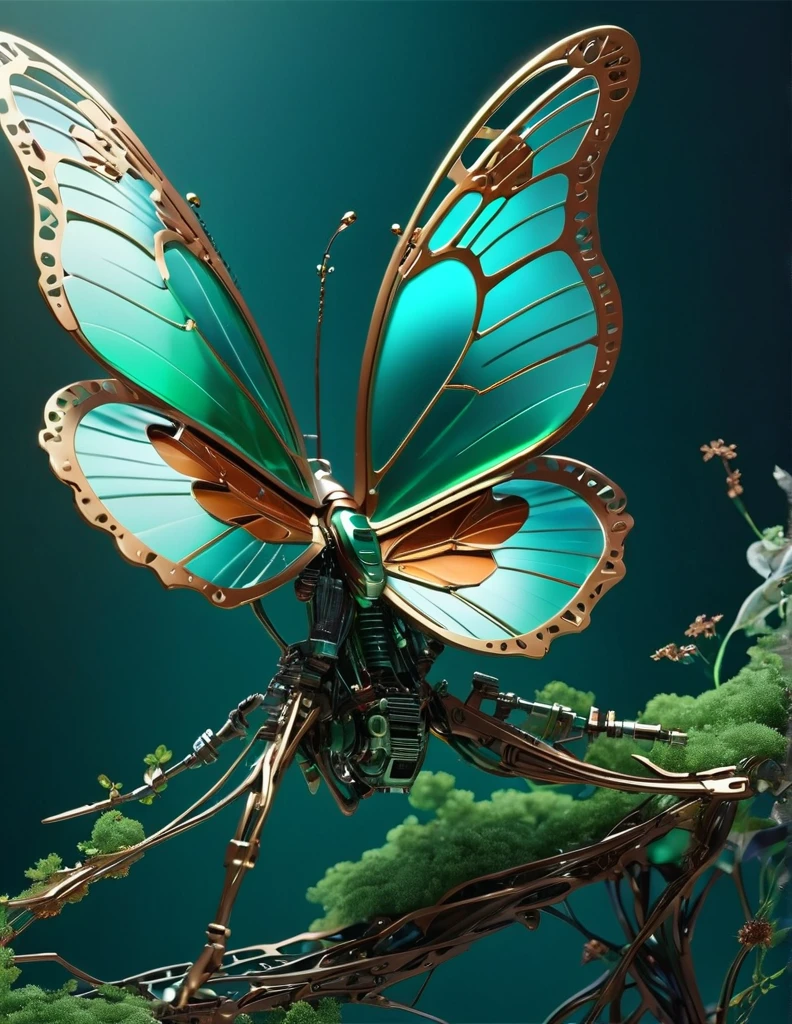 Complex 3d rendering ultra-detailed butterfly , biomechanical robot, simulated 150mm shot, beautiful natural soft edge light, crystal , roots, delicate lace, colorful details, intricate details, mesh threads, mandelbro fractals, body muscles, cable wires, microchips, badasses, surreal, ultra-detailed, octane rendering, volumetric lighting, 8k post-production, green and brown color , metallic skeleton details, humanoid , futuristic butterfly , power of butterfly , Techwear, guns, half butterfly half humanoid, ruined building,