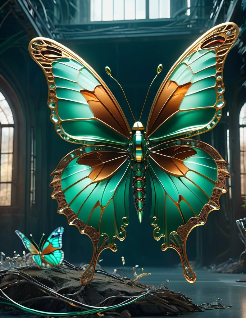 Complex 3d rendering ultra-detailed butterfly , biomechanical robot, simulated 150mm shot, beautiful natural soft edge light, crystal , roots, delicate lace, colorful details, intricate details, mesh threads, mandelbro fractals, body muscles, cable wires, microchips, badasses, surreal, ultra-detailed, octane rendering, volumetric lighting, 8k post-production, green and brown color , metallic skeleton details, humanoid , futuristic butterfly , power of butterfly , Techwear, guns, half butterfly half humanoid, ruined building,