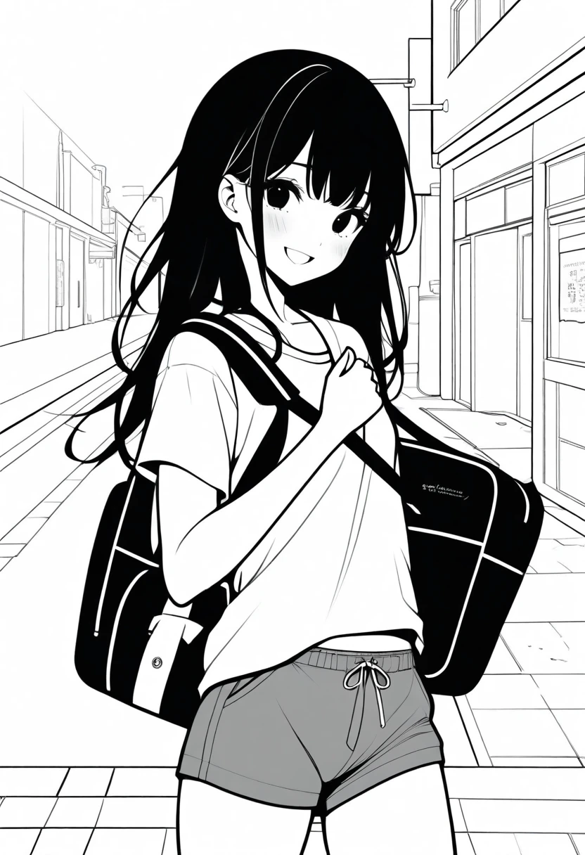 masterpiece, best quality, 1girl, jyt:4, grayscale, style: manga, japanese, chi no wadachi, black eyes, street, iced, black hair, schoolbag, smile, lineart, white background, white shirt, grey shorts,