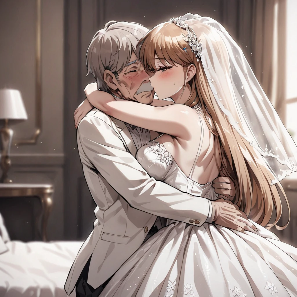 ((Highest quality)), ((masterpiece)), (detailed), (Perfect Face)、The woman was Princess Leona, with long light brown hair and a gorgeous, glittering wedding dress and wedding veil.、On a large, luxurious bed, a woman is hugging and kissing an old man in a white tuxedo.、The woman has long hair