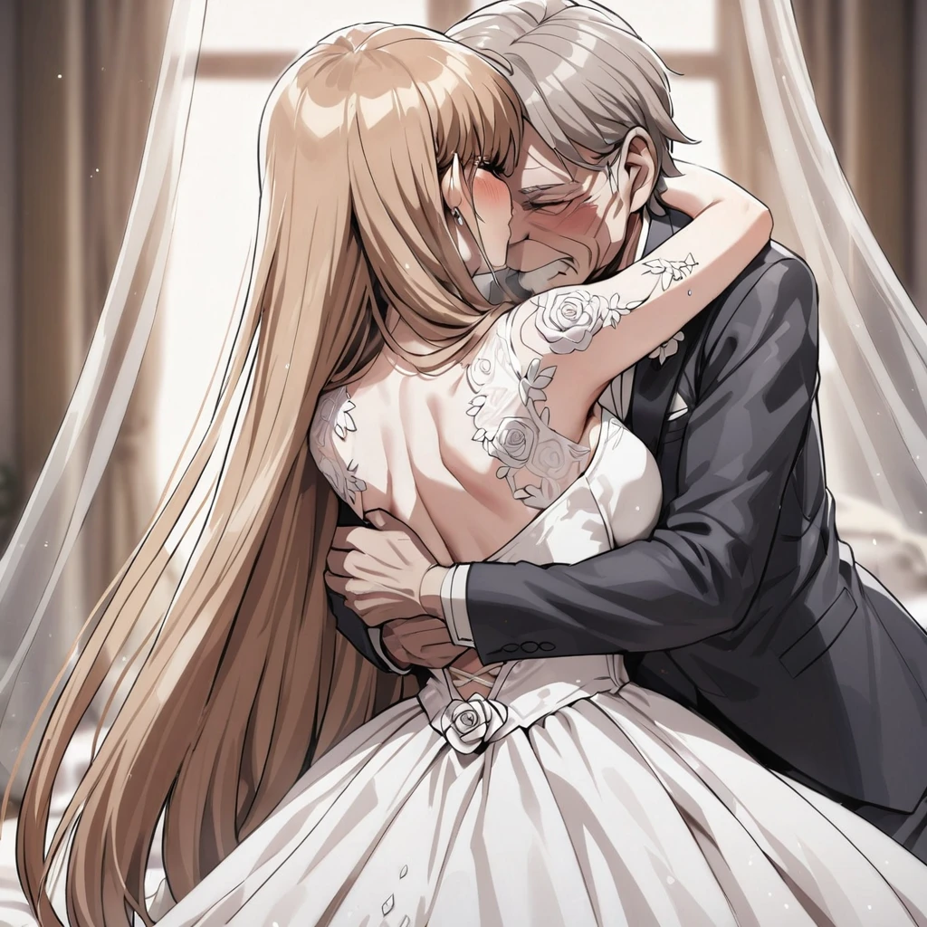 ((Highest quality)), ((masterpiece)), (detailed), (Perfect Face)、The woman was Princess Leona, with long light brown hair and a gorgeous, glittering wedding dress and wedding veil.、On a large, luxurious bed, a woman is hugging and kissing an old man in a white tuxedo.、The woman has long hair