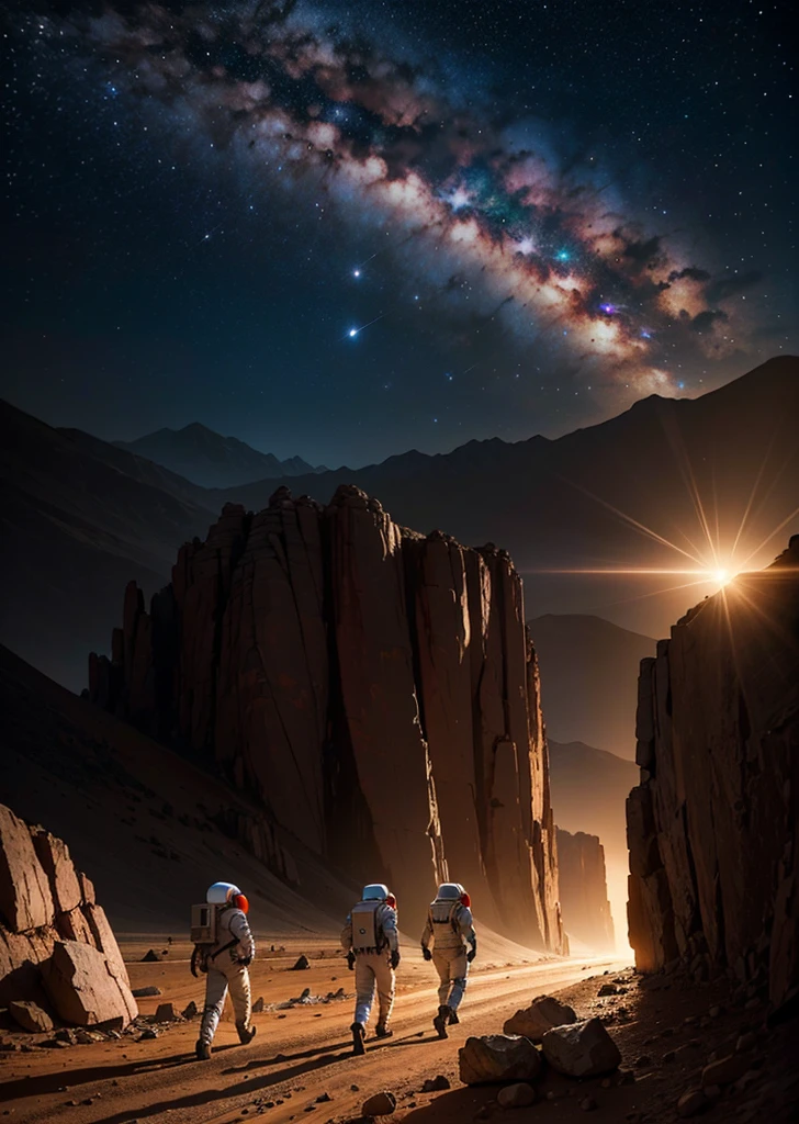 Create a painting depicting three astronauts walking at night on Mars. The scene should have a rocky terrain, featuring various rocks, stones, and some mountains in the background. The Martian landscape is illuminated by the dim light of distant stars and the astronauts' headlamps. The sky is dark and filled with stars, with a reddish hue of Mars' surface contrasting against the cold, dark night. The astronauts' suits should have reflective details that catch the light, adding a sense of realism and depth to the scene. Make sure to include an array of rocks, stones, and mountainous features to emphasize the rugged and barren environment.