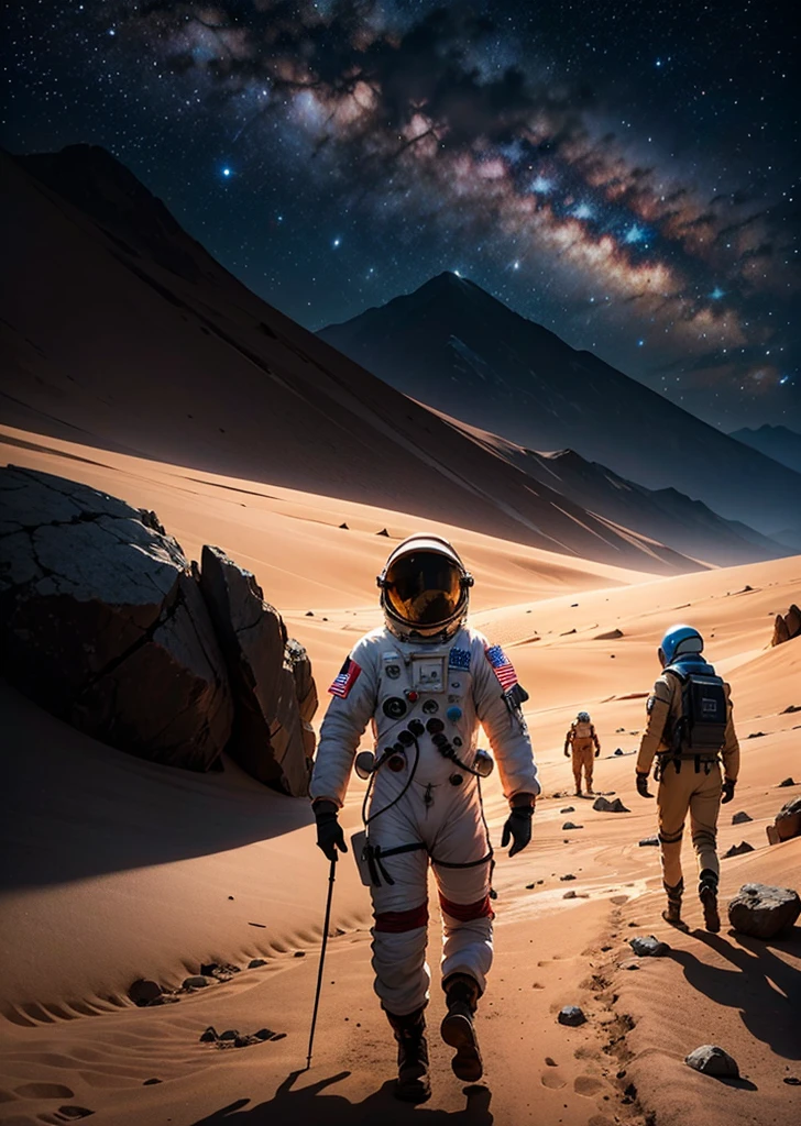 Create a painting depicting three astronauts walking at night on Mars. The scene should have a rocky terrain, featuring various rocks, stones, and some mountains in the background. The Martian landscape is illuminated by the dim light of distant stars and the astronauts' headlamps. The sky is dark and filled with stars, with a reddish hue of Mars' surface contrasting against the cold, dark night. The astronauts' suits should have reflective details that catch the light, adding a sense of realism and depth to the scene. Make sure to include an array of rocks, stones, and mountainous features to emphasize the rugged and barren environment.