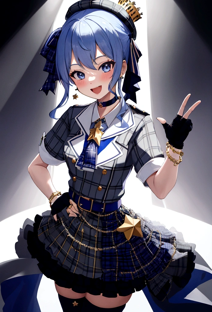 masterpiece, best quality, absurdres, perfect anatomy, SuiseiBase, plaid beret, crown, blue star choker, star earrings, blue ascot, plaid jacket, plaid skirt, layered skirt, partially fingerless gloves, star bracelet, uneven legwear, thigh strap, on stage, spotlights, hands on hips, smile, :d, blush, 