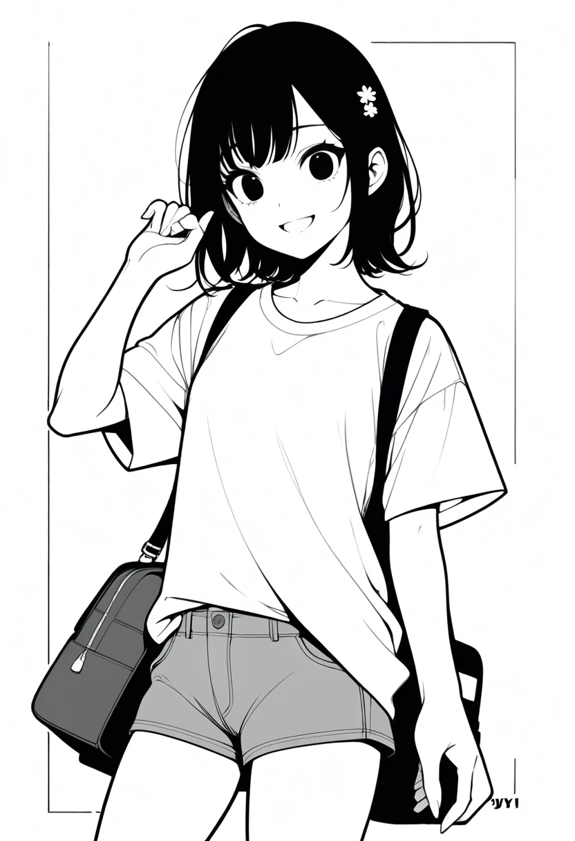 ​masterpiece, best quality, 1girl, jyt:4, grayscale, style: manga, japanese, chi no wadachi, black eyes, street, iced, black hair, schoolbag, smile, lineart, white background, white shirt, grey shorts, medium shot
