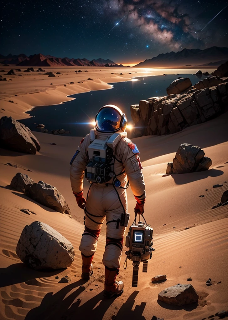 Create a painting depicting three astronauts walking at night on Mars. The scene should have a rocky terrain, featuring various rocks, stones, and some mountains in the background. The Martian landscape is illuminated by the dim light of distant stars and the astronauts' headlamps. The sky is dark and filled with stars, with a reddish hue of Mars' surface contrasting against the cold, dark night. The astronauts' suits should have reflective details that catch the light, adding a sense of realism and depth to the scene. Make sure to include an array of rocks, stones, and mountainous features to emphasize the rugged and barren environment.