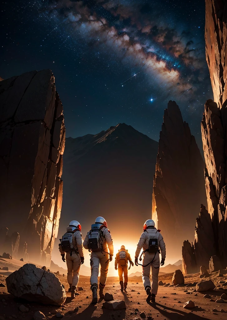 Create a painting depicting three astronauts walking at night on Mars. The scene should have a rocky terrain, featuring various rocks, stones, and some mountains in the background. The Martian landscape is illuminated by the dim light of distant stars and the astronauts' headlamps. The sky is dark and filled with stars, with a reddish hue of Mars' surface contrasting against the cold, dark night. The astronauts' suits should have reflective details that catch the light, adding a sense of realism and depth to the scene. Make sure to include an array of rocks, stones, and mountainous features to emphasize the rugged and barren environment.