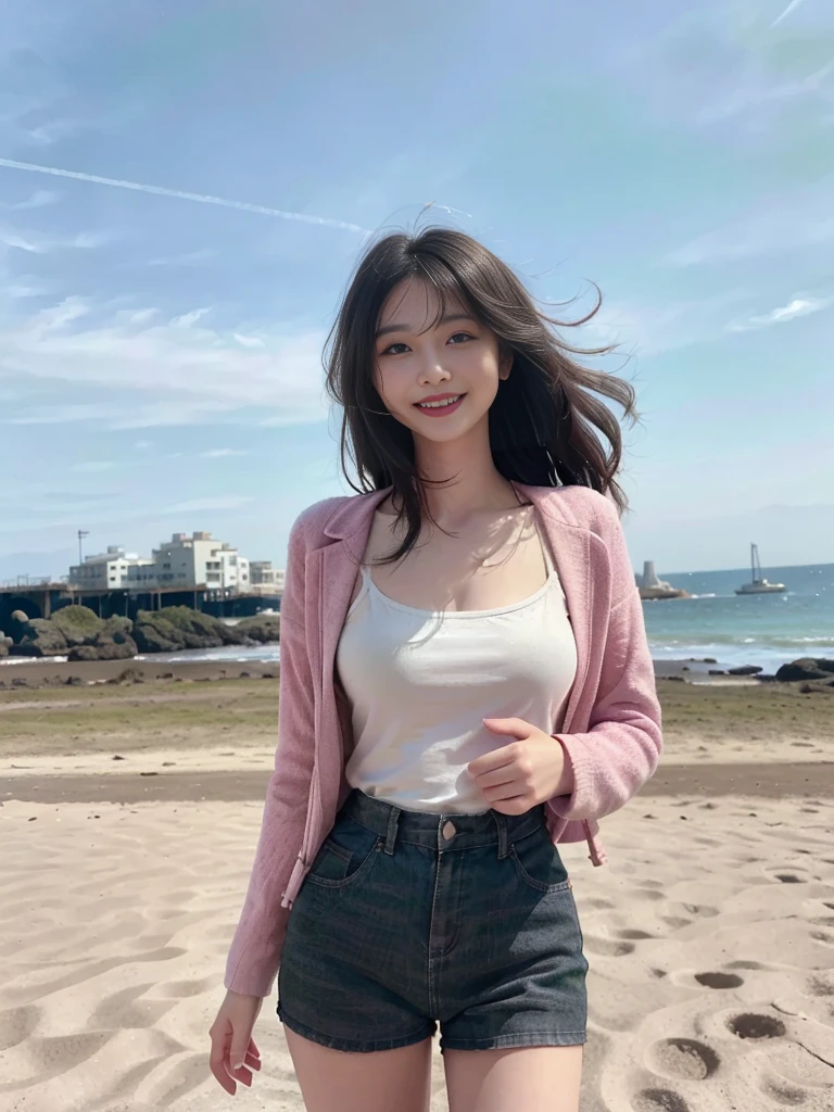 Best image quality、RAW Photos、超A high resolution、21 years old Korean、Small breasts、Dynamic Angle、Cowboy Shot、Chaos in its most beautiful form、elegant、Brutalist Design、Vibrant colors、Beautiful white hair、Short Bob、smile、fun、smile、Glowing White Skin、Beautiful eyes with green colors、Very thin lips、Beautiful eyes in every detail、 Narrow eyes、Cheeks are pale pink、Eyelash length、Beautiful double eyelids、eye shadow、Bright black hair、Overalls、Lightweight see-through jacket、Sandy Beach、null、Shooting from diagonally below、Low Angle、The wind is blowing、Hair fluttering、boost mood、Full body photo