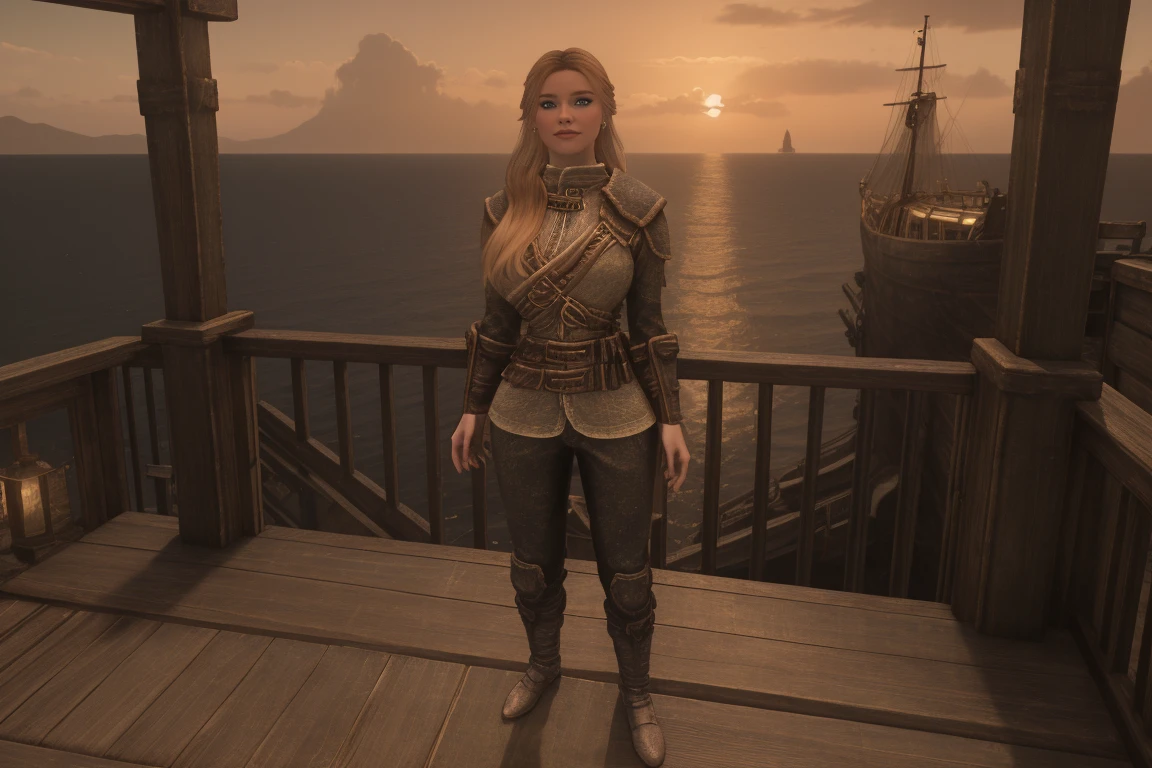 full body shot of a stunning female Breton maiden stands poised on the weathered deck of a majestic ship at sunset in Skyrim. Her porcelain skin glows softly, illuminated by the warm rays of the rising sun. Delicate features and raven tresses frame her enigmatic smile as she gazes out to sea, the wind gently tousling her locks, blonde hair,female breton