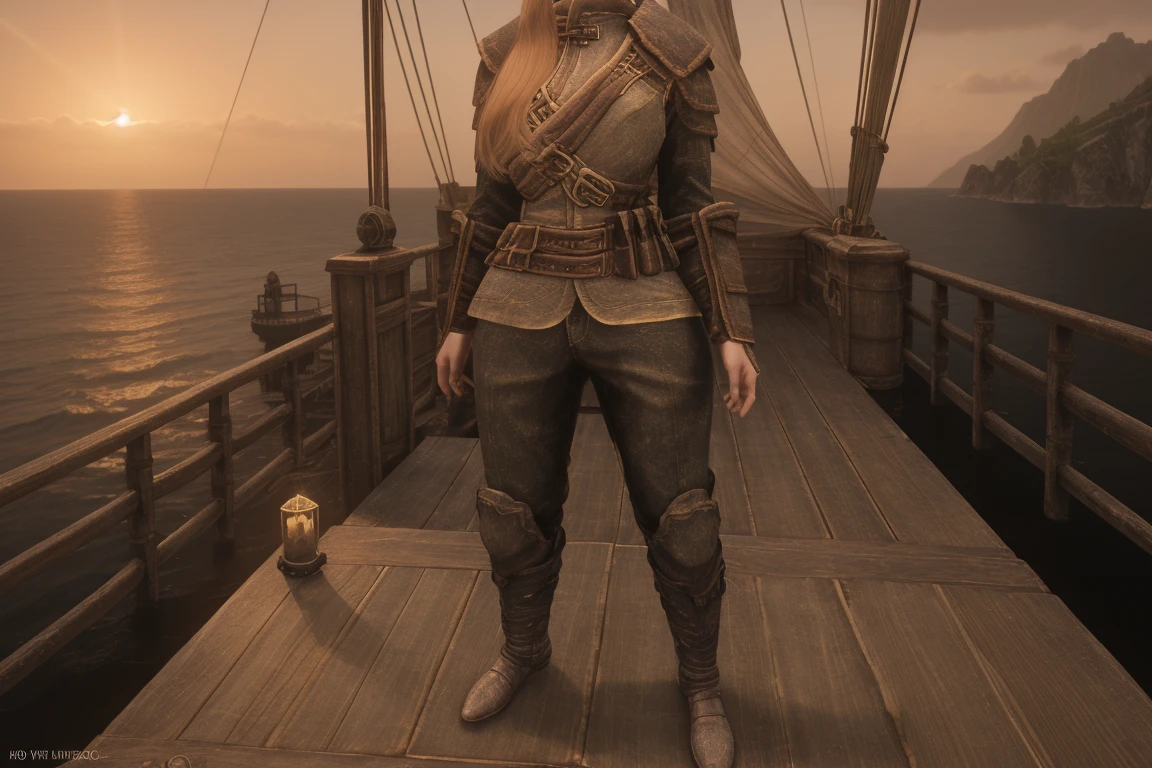 full body shot of a stunning female Breton maiden stands poised on the weathered deck of a majestic ship at sunset in Skyrim. Her porcelain skin glows softly, illuminated by the warm rays of the rising sun. Delicate features and raven tresses frame her enigmatic smile as she gazes out to sea, the wind gently tousling her locks, blonde hair,female breton