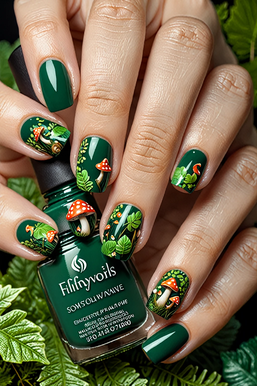 close up ,One Finger,Enchanted Forest themed nail art design, Forest Green colored nails with Leaves,Mushrooms,Forest creatures on the nails. ,studio light,ultra resolution,realistic detail, magewave, imitated material,Macro lens