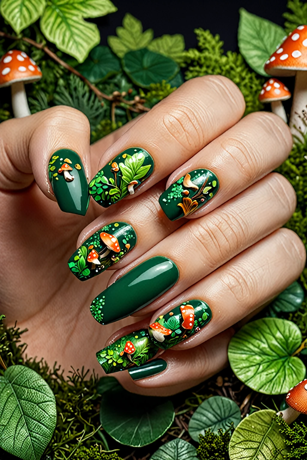 close up ,One Finger,Enchanted Forest themed nail art design, Forest Green colored nails with Leaves,Mushrooms,Forest creatures on the nails. ,studio light,ultra resolution,realistic detail, magewave, imitated material,Macro lens