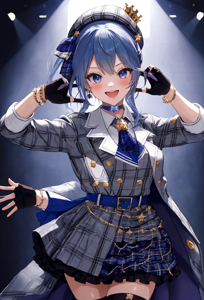 masterpiece, best quality, absurdres, perfect anatomy, SuiseiBase, plaid beret, crown, blue star choker, star earrings, blue ascot, plaid jacket, plaid skirt, layered skirt, partially fingerless gloves, star bracelet, uneven legwear, thigh strap, on stage, spotlights, hands on hips, smile, :d, blush, 