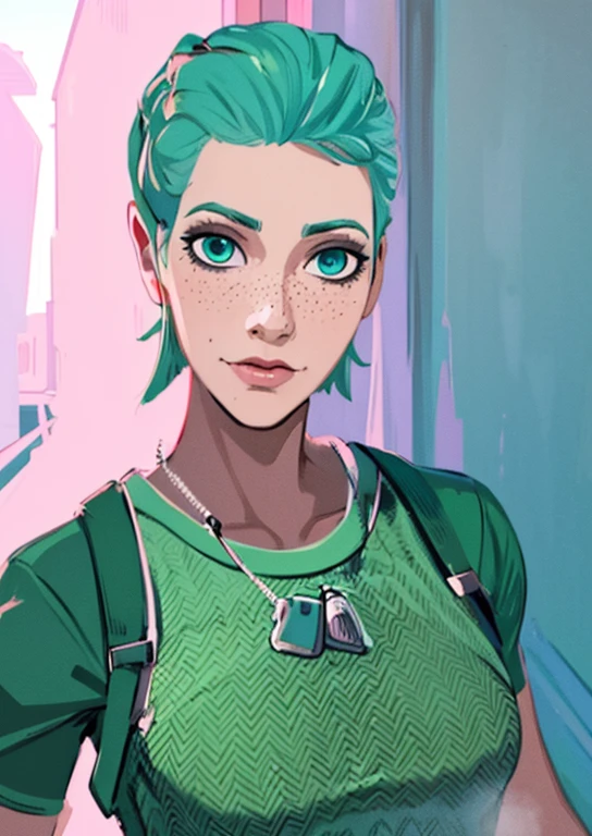Masterpiece, best quality, college student, centered in frame, portrait, female, pale skin, stressed expression, stethoscope, busty, smoking cigarette, eye bags, nervous, peach lips, ponytail, pastel green hair, couch landscape, green eyes, paramedic uniform, green freckles, beautiful,