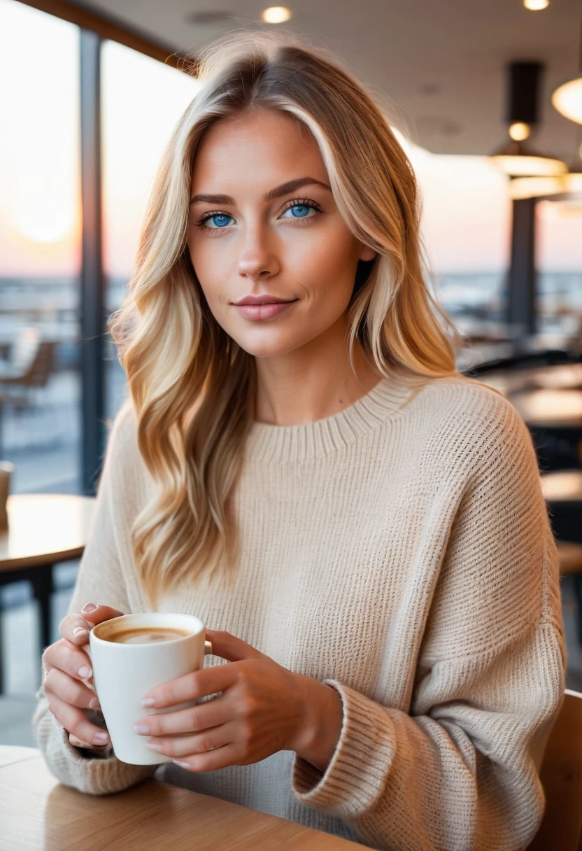 beautiful blonde wearing a beige sweater (Holding a cup of coffee in a modern cafe at sunset), Very detailed, 20 years, oval innocent face, natural hair, blue eye, high resolution, boss&#39;artwork, Best Quality, intricate details, Very detailed, sharp focus, detailed skin, texture de peau réaliste, texture, detailed eyes, professional, 4k, charming smile, filmed in canon, 85mm, shallow depth of field, Kodak Vision Color, perfectly fitted body, extremely detailed, Photography_\(ultra\), photorealist, realist, Post treatment, Maximum details, roughness, real life, ultra realist, photorealism, Photography, 8K uhd, Photography, naked