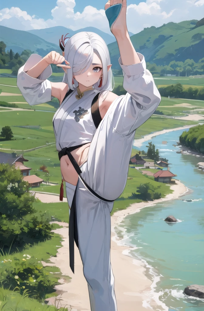 (masterpiece, best quality, detailed), shenhe(genshin impact), hair over one eye, 1girl, solo, looking at viewer, aafrie, long hair, white hair, twintails, pointy ears, earrings, thick eyebrows, flat chest, hair over shoulder,
dougi, martial arts belt, outdoors, house, rural, village, scenery, path, river, bridge, standing split, standing on one leg, closed mouth