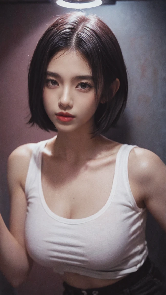 21yo girl, black bob hairstyles background. (wearing white Translucency t-shirt), wearing hot pants, cleavage, plump body, hand holding the wall, back to back, face forward. Dark background. Voncrete background. Magenta Polaroid. Retro. Flash light