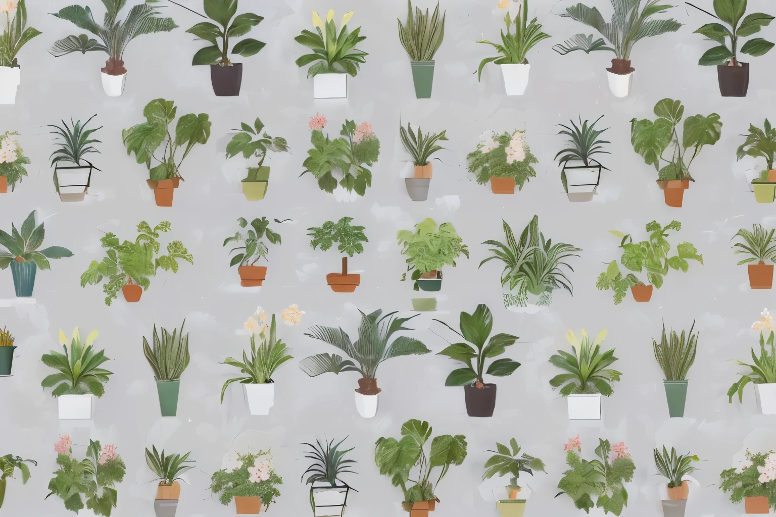 line art, a seamless pattern of potted house plants on a gray background, plants allover, plant patterns, pot plants, lots of plants, many plants, plants everywhere, house plants, some plants, houseplants, some plant life, potted plants, detailed beautiful plants, plants and flowers, tropical houseplants, detailed plants, pots with plants, urban jungle plants, cats and plants