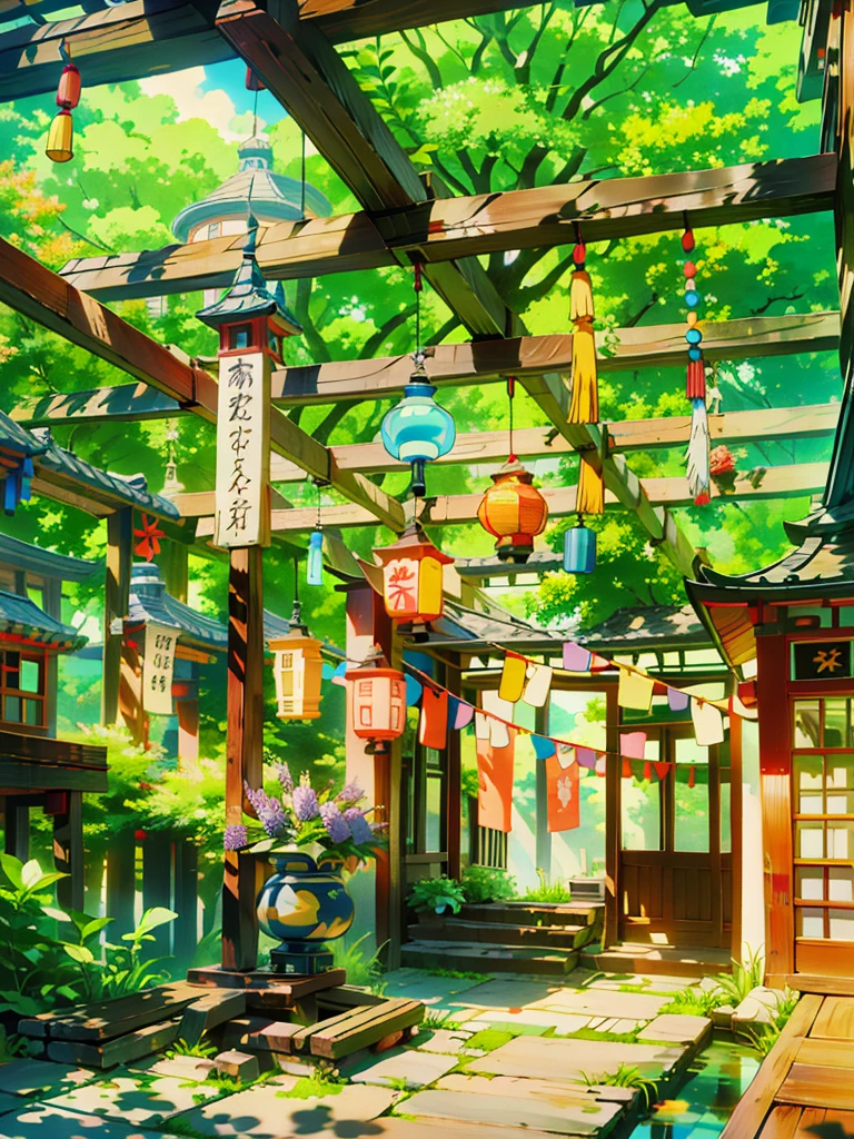a painting of a wooden pergol with lots of colorful decorations hanging from it, colorful lanterns, colorful paper lanterns, lush plants and lanterns, hanging lanterns, taoist temples and monks, with paper lanterns, ray tracing global illumination, glowing lanterns, floating lanterns, global illumination hdri, unreal engine highly rendered, near a japanese shrine, kongming lanterns in the sky, wind chimes, illustration, anime style, highly detailed, HD