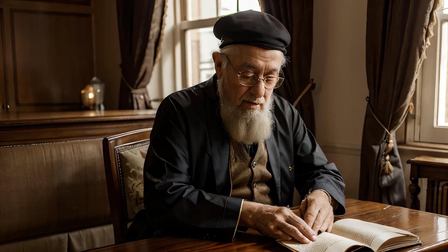 an old man in traditional Jewish clothing, refined and valuable clothes, sitting at a table with a big book on top and a luxurious room