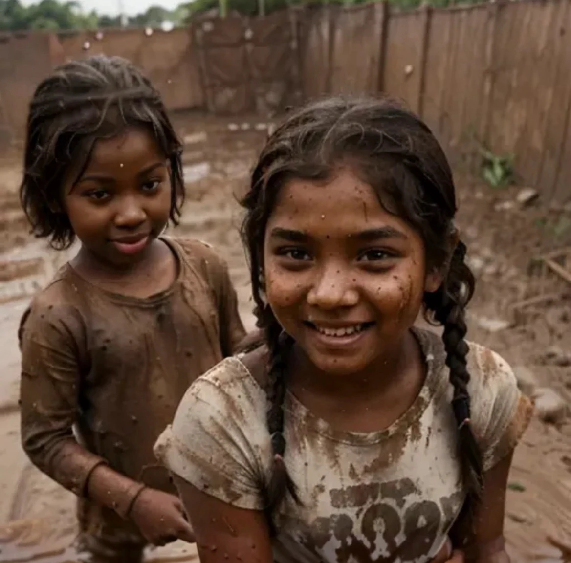 brown (((little indian girl))) shitting herself having diarhhea and spreading it on herself, playing with ((little black girl)) and smearing poop on themselves, while being supervised by ((white adult man)) with brown hair, looking at them smiling and laughing, in a dark garden house type setting