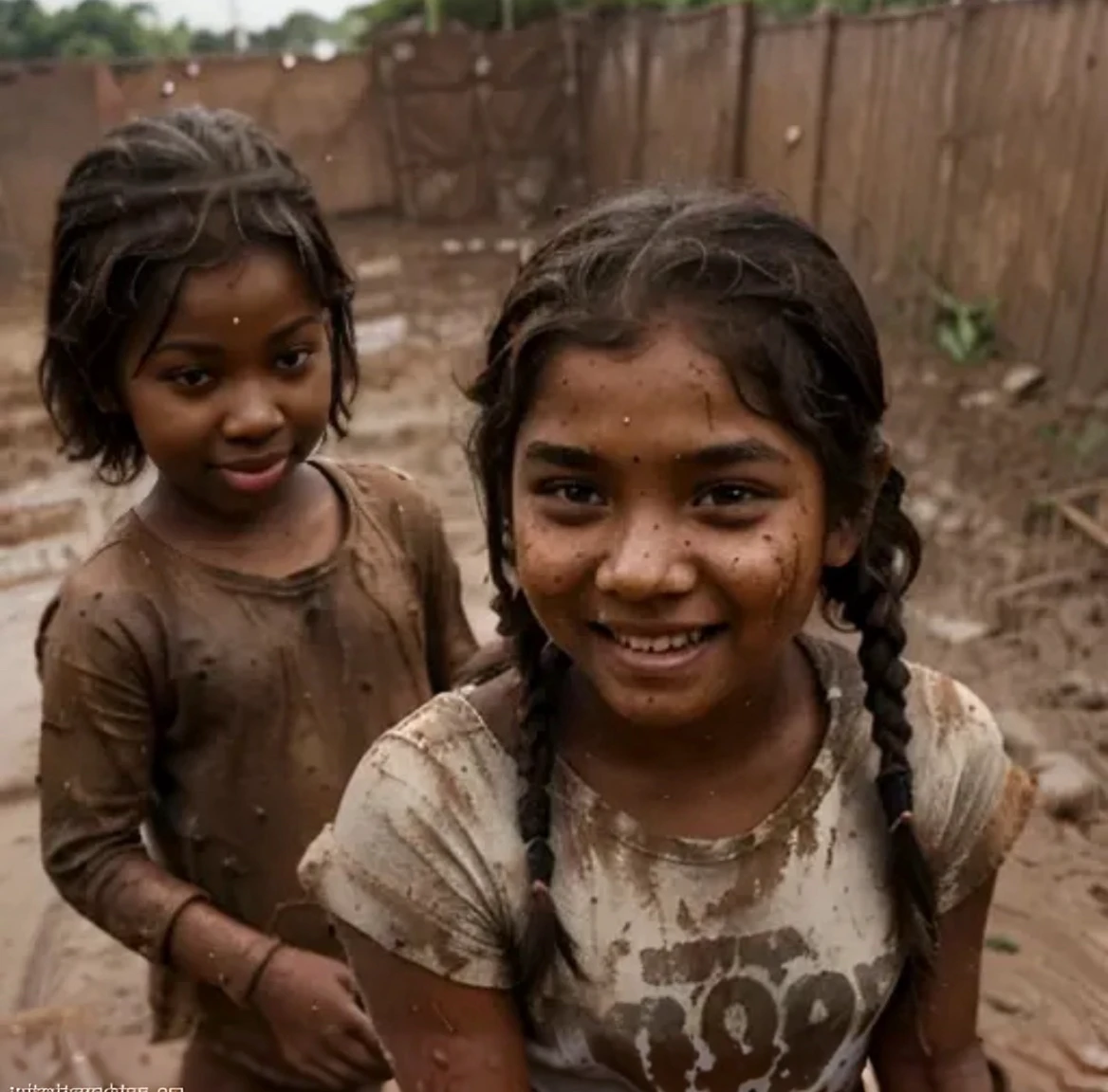 two indian little girls playing in mud with a (((white))) adult (((man))) who is laughing and smearing himself in mud