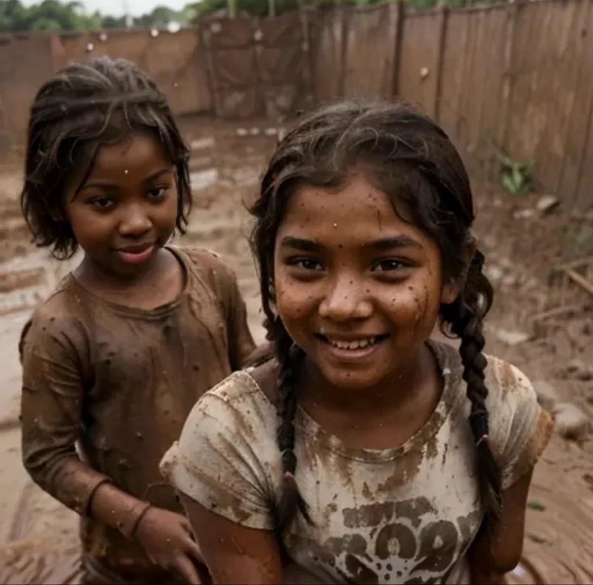 two indian little girls playing in mud with a (((white))) adult (((man))) who is laughing and smearing himself in mud
