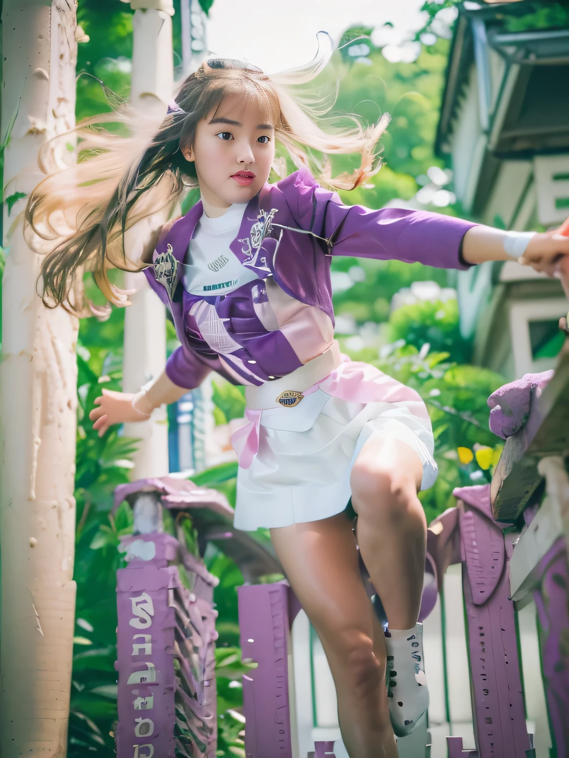 (best image quality:1.2), (super high resolution:1.2), (fidelity:1.4), 1 woman, 18 year-old, ((Cute face)),  (white tight mini skirt:1.3), despair, f/2.8, 135mm, Nikon, masterpiece, anatomically correct, high details, best quality, HD, 4K, 8k, (dark purple long sleeve jacket)