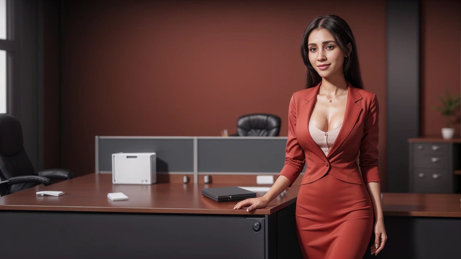 a friendly girl, expressive eyes, full smile, professional attire, office setting, 8k, masterpiece, RAW photo, best quality, photorealistic, extremely detailed CG unity 8k wallpaper, Depth of field, Cinematic Light, Lens Flare, Ray tracing, (extremely beautiful face, beautiful lips, beautiful eyes), intricate detail face, ((ultra detailed skin)), ((1girl:1.9)), ((alone:1.9)), ((19years old)), (big smile;1.4), (beautiful and aesthetic:1.2), deep shadow, (sharp focus), [(((Raiana-Elizabeth-Dilla:1.9)))], pretty girl, (very slim slender fit-muscled body:1.9), (((business-style fashion:1.9))), (((stylish ((red:1.5)) clothes),business-coat)), (((office setting background:1.9))), (shiny skin), clear eyes, (pale skin), ((whole-body-view:1.9)), ((full-body:1.9, cinematic shot)), soft lighting, (flowing dark-black hair), (looking at viewer:1.8), ((beautiful legs:1.2)), highly detailed, ultra realistic, extremely detailed and realistic ((red:1.5)) clothes.