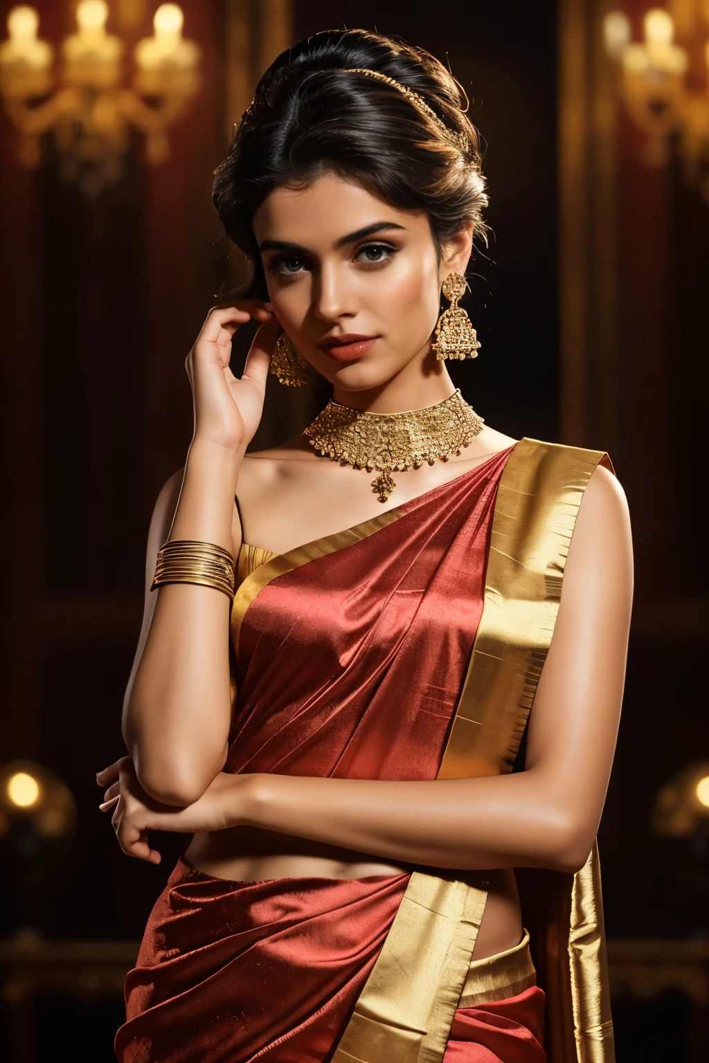 In this photograph, an Indian Instagram female model in her mid-20s takes center stage. (highly detailed face:1.4) (smile:0.7) (background 5-star hotel, moody, private study:1.0V, by Lee Jeffries, Nikon D850, film stock photograph, 4 Kodak Portra 400, camera f1.6 lens, rich colors, hyper-realistic, lifelike texture, dramatic lighting, Cinestill 800, realistic). She is wearing a Western yellow-red saree that exudes elegance and sophistication. The saree features a vibrant and intricate design with rich colors and detailed patterns, draped gracefully around her. The blouse is sleeveless but with intricate embroidery and beadwork, complementing the saree’s luxurious fabric. She is tying her hair with raised hands, Completing her look, she adorns herself with traditional jewelry, including bangles, earrings, and a necklace. The model's hair is styled in a classic bun with jasmine flowers, adding a modern twist to her traditional attire.
The photograph is meticulously captured in 8K resolution using cutting-edge techniques such as Cinema 4D and Octane Render, resulting in a highly detailed and photorealistic image. Studio lighting, HDR, and a smoky mist create a captivating ambiance, while the bokeh effect adds an artistic touch.
