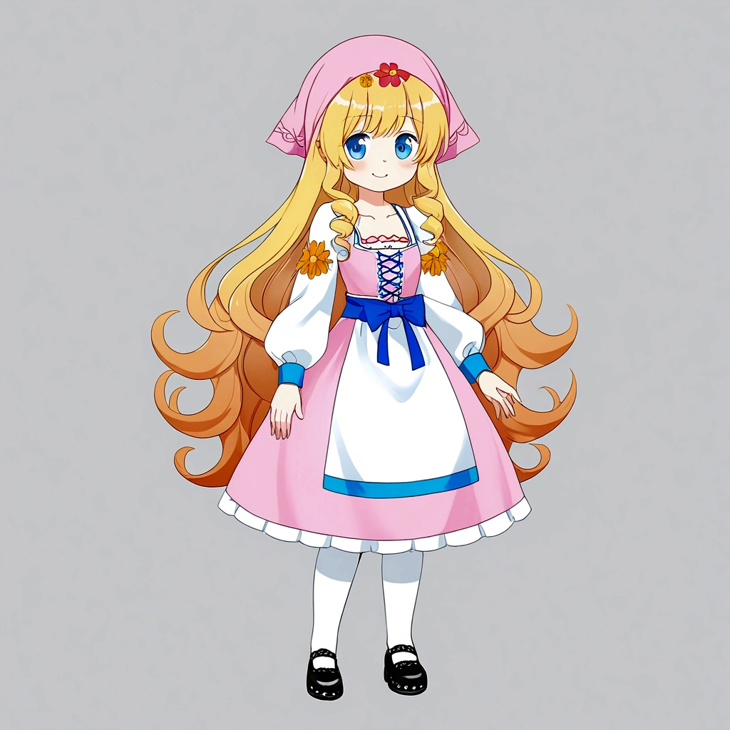 golden orange hair, gradient hair, very long hair, swept bangs, sidelocks, curly hair, wavy hair, (((((head scarf))))), head bandana, pink apron, flower in hair, marigold, orange flower, blue eyes, dirndl, pink dress, pink dirndl, long sleeves, waist apron, white apron, bow on waist, blue bow, , polish clothing, Slavic clothing, Hungarian clothing, anime, cute, full body, white leggings, black shoes, flat chest,, smile, sun, sunshine