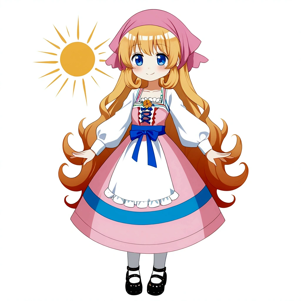 golden orange hair, gradient hair, very long hair, swept bangs, sidelocks, curly hair, wavy hair, (((((head scarf))))), head bandana, pink apron, flower in hair, marigold, orange flower, blue eyes, dirndl, pink dress, pink dirndl, long sleeves, waist apron, white apron, bow on waist, blue bow, , polish clothing, Slavic clothing, Hungarian clothing, anime, cute, full body, white leggings, black shoes, flat chest,, smile, sun, sunshine