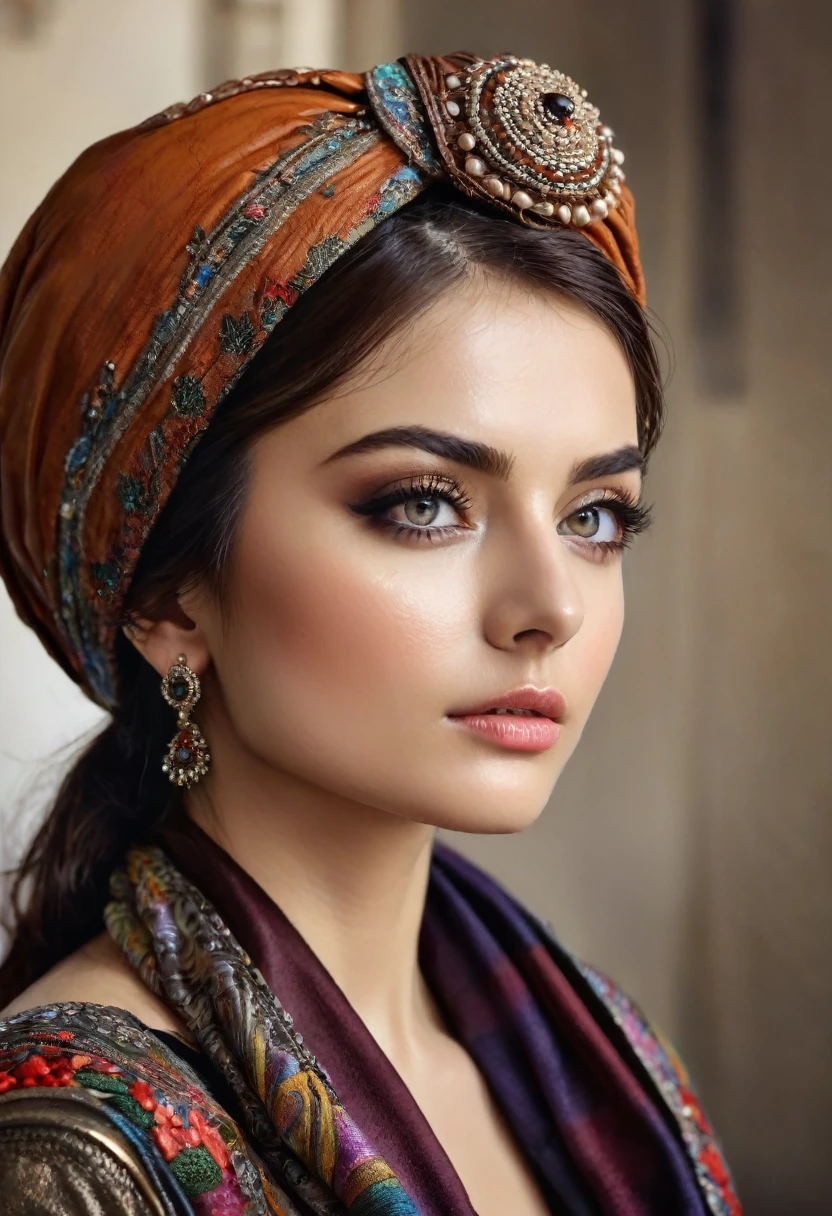 there are many people sitting in a room with one woman wearing a turban, marvelous expression, beautiful girl, beautiful lady, in profile, side portrait of a girl, serious focussed look, amazing beauty, deep in thought, profile close-up view, student, looking content, side profile view, close up shot from the side, close - up profile, beautiful image,Cinematic,soft colors, Technicolor,natural skin textures, hyper realism, hyper detailed,Extremely detailed,High contrast,Masterpiece,Realistic,Ultra Detailed, intricate details,realistic humid leather,extremly intricate,Epic Realistic, cinematic style,irina yermolova,high contrast,hdr,extremely detailed,,masterpiece,intricate details,faded,eyes extremely detailed, high detailed eyes,8k resolution,RAW,retina, Nikon Z9,