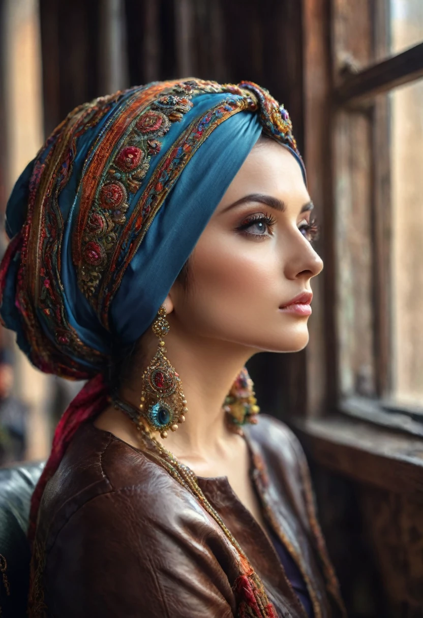 there are many people sitting in a room with one woman wearing a turban, marvelous expression, beautiful girl, beautiful lady, in profile, side portrait of a girl, serious focussed look, amazing beauty, deep in thought, profile close-up view, student, looking content, side profile view, close up shot from the side, close - up profile, beautiful image,Cinematic,soft colors, Technicolor,natural skin textures, hyper realism, hyper detailed,Extremely detailed,High contrast,Masterpiece,Realistic,Ultra Detailed, intricate details,realistic humid leather,extremly intricate,Epic Realistic, cinematic style,irina yermolova,high contrast,hdr,extremely detailed,,masterpiece,intricate details,faded,eyes extremely detailed, high detailed eyes,8k resolution,RAW,retina, Nikon Z9,