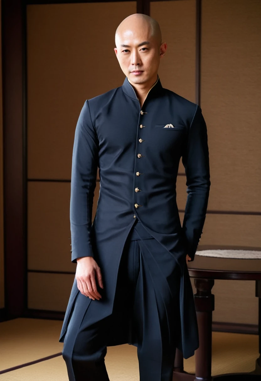 half body picture of a bald japanese model man, wearing an elegant western dress, pants, in an elegant room