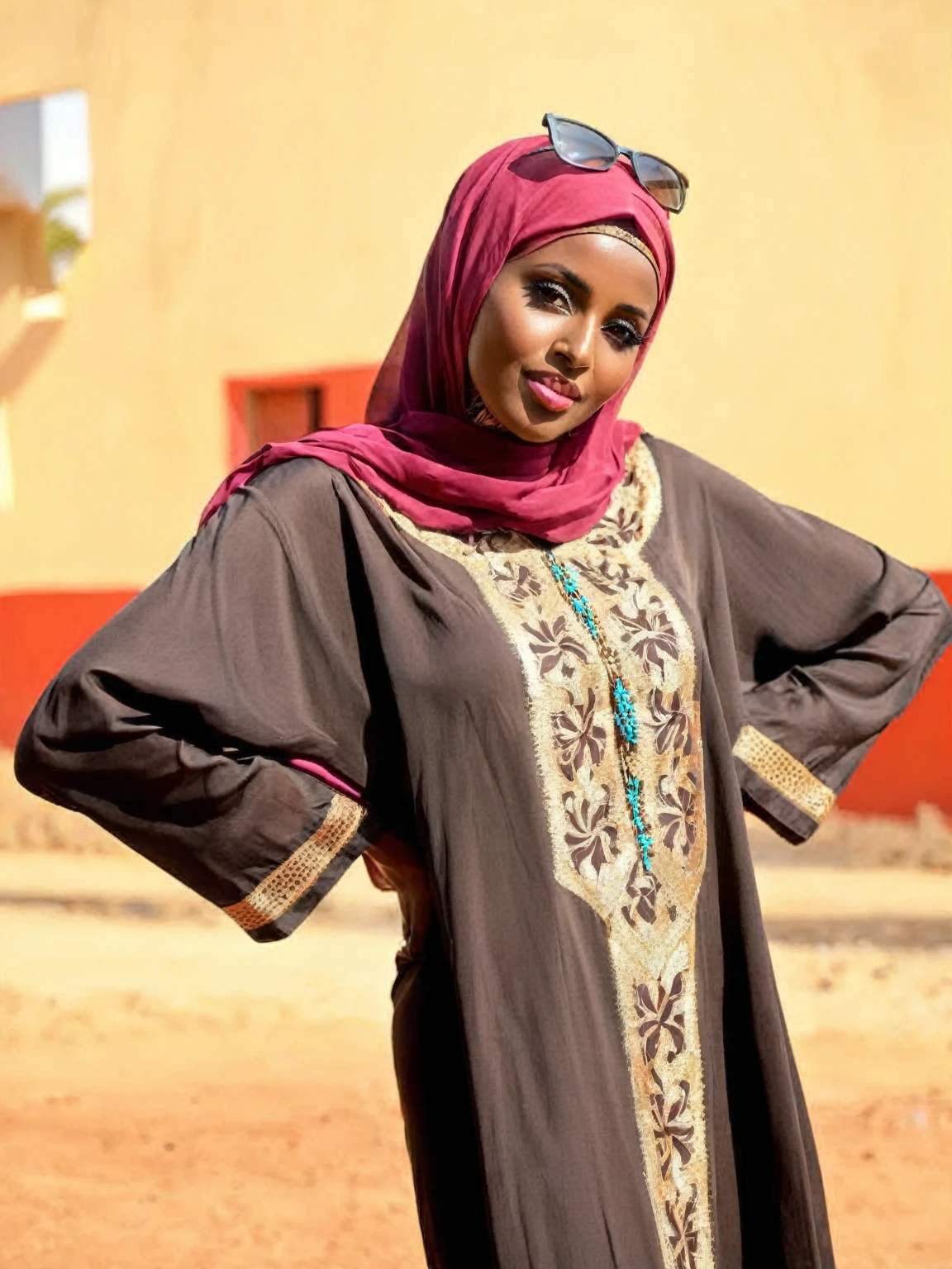 araffe woman in a brown and pink dress standing in front of a building, african ameera al taweel, beautiful female, somali woman, photo taken in 2 0 2 0, somali attire, african woman, photo portrait, wearing authentic attire, beautiful woman, pose 1 of 1 6, beautifully, stunning visual, wearing an african dress, evening at dusk