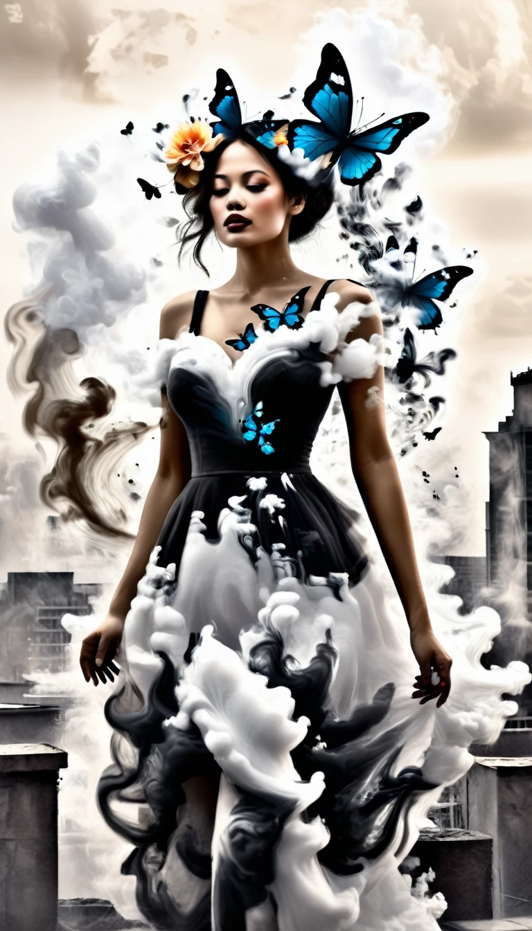 A beautiful young woman dressed elegantly by flowers and smoke butterflies, charcoal black smoke and black ink strokes with paintbrushes and brushes. With a chaotic city background.