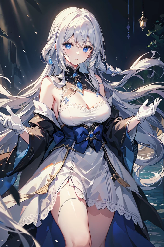 White hair and blue eyes、adult、Long, fluffy wavy hair、Braiding、Wearing hair ornaments、Princess、White gloves、Wearing a lace dress、Being in the water、Fantasy