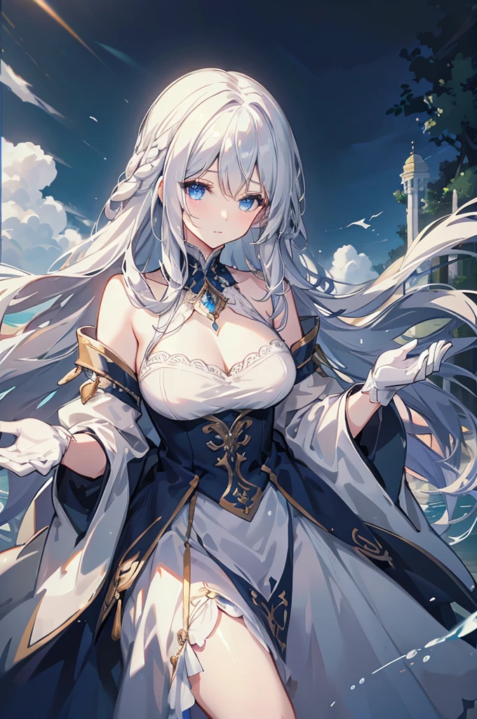 White hair and blue eyes、adult、Long, fluffy wavy hair、Braiding、Wearing hair ornaments、Princess、White gloves、Wearing a lace dress、Being in the water、Fantasy